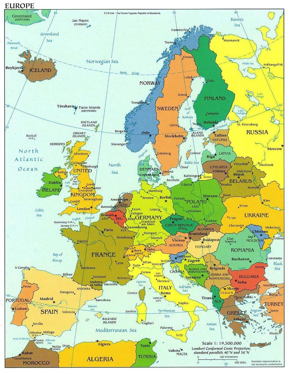 mapa d'europa mostrant dinamarca